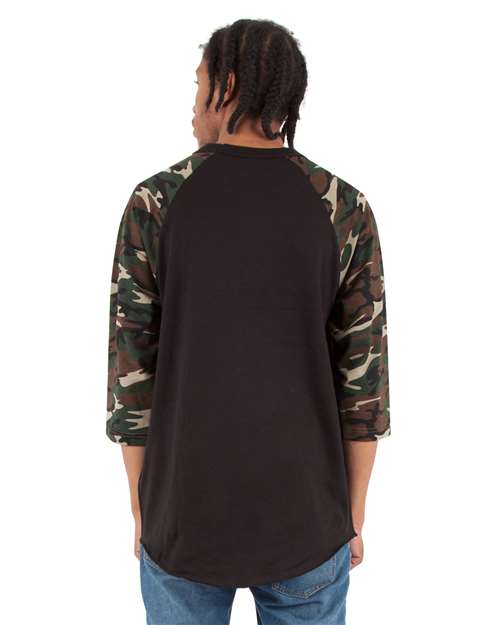 Shaka Wear Unisex Three-Quarter Sleeve Camo Raglan T-Shirt SHRAGCM