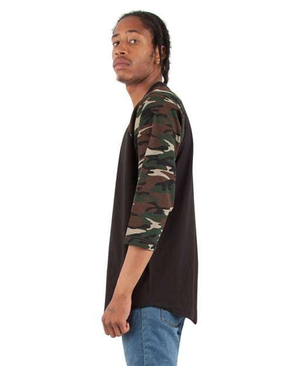 Shaka Wear Unisex Three-Quarter Sleeve Camo Raglan T-Shirt SHRAGCM
