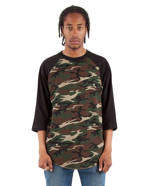 Shaka Wear Unisex Three-Quarter Sleeve Camo Raglan T-Shirt SHRAGCM