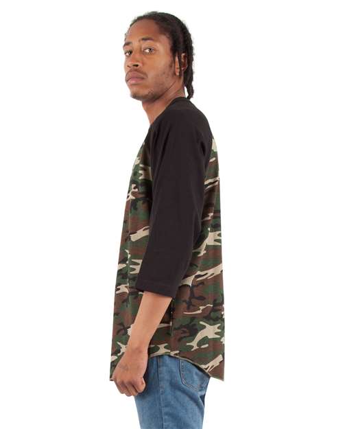 Shaka Wear Unisex Three-Quarter Sleeve Camo Raglan T-Shirt SHRAGCM