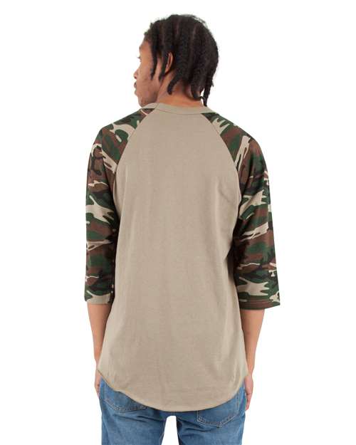 Shaka Wear Unisex Three-Quarter Sleeve Camo Raglan T-Shirt SHRAGCM
