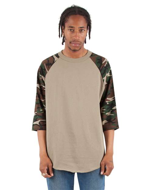 Shaka Wear Unisex Three-Quarter Sleeve Camo Raglan T-Shirt SHRAGCM