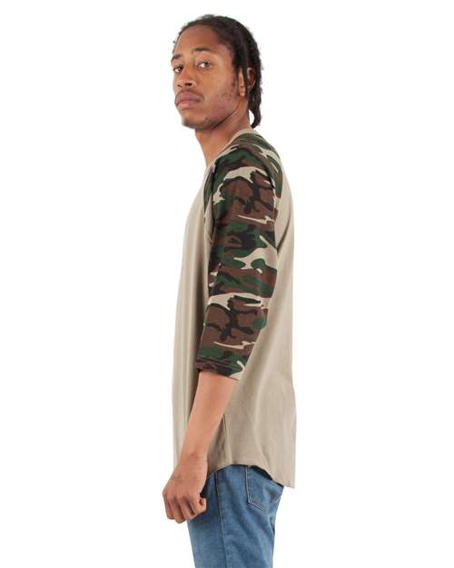 Shaka Wear Unisex Three-Quarter Sleeve Camo Raglan T-Shirt SHRAGCM