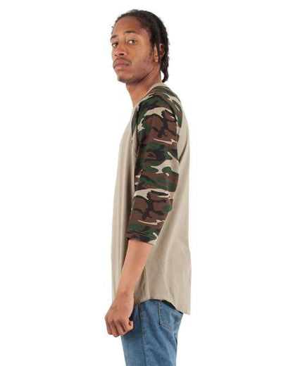Shaka Wear Unisex Three-Quarter Sleeve Camo Raglan T-Shirt SHRAGCM