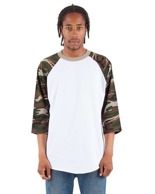 Shaka Wear Unisex Three-Quarter Sleeve Camo Raglan T-Shirt SHRAGCM
