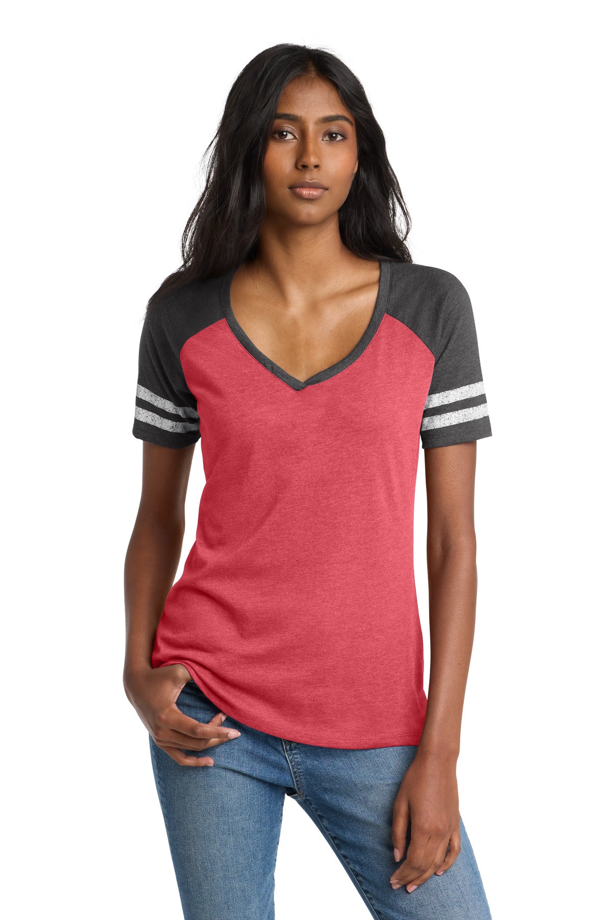 District  Women's Game V-Neck Tee. DM476