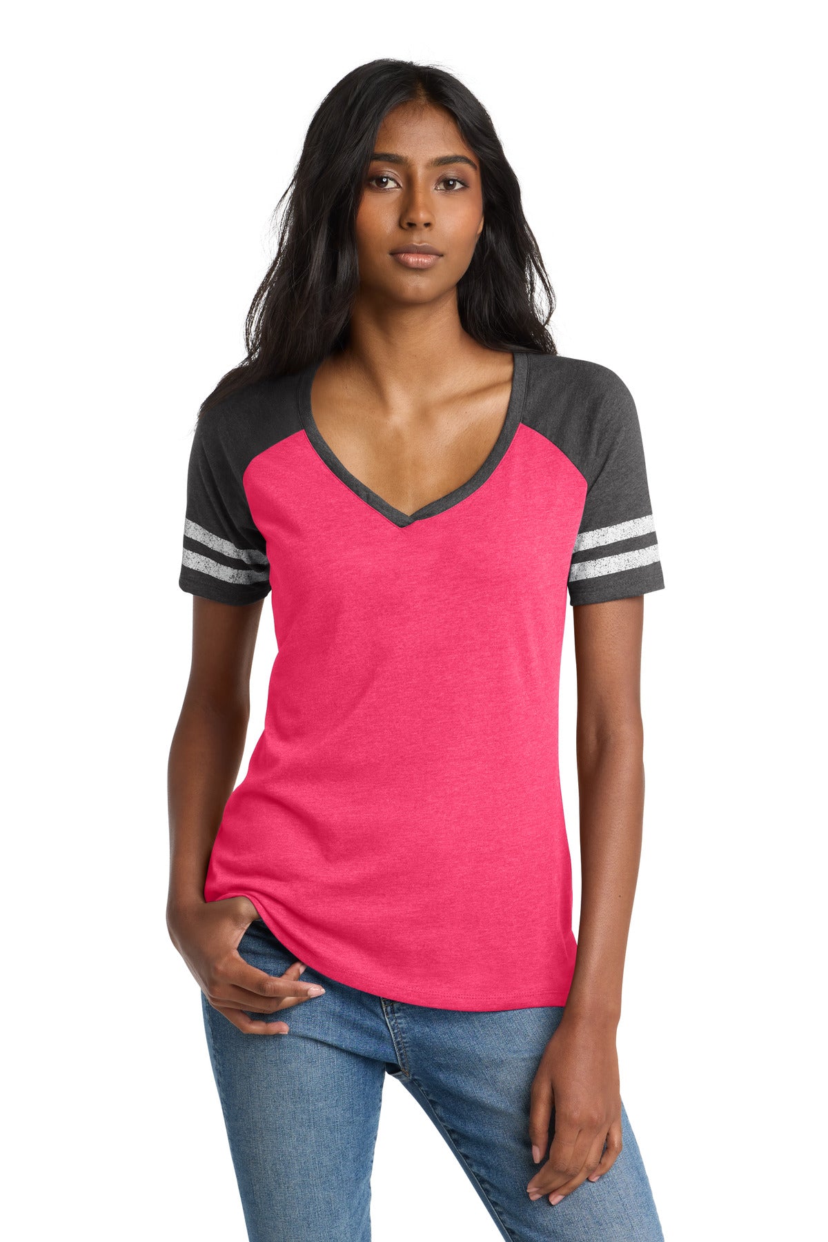 District  Women's Game V-Neck Tee. DM476