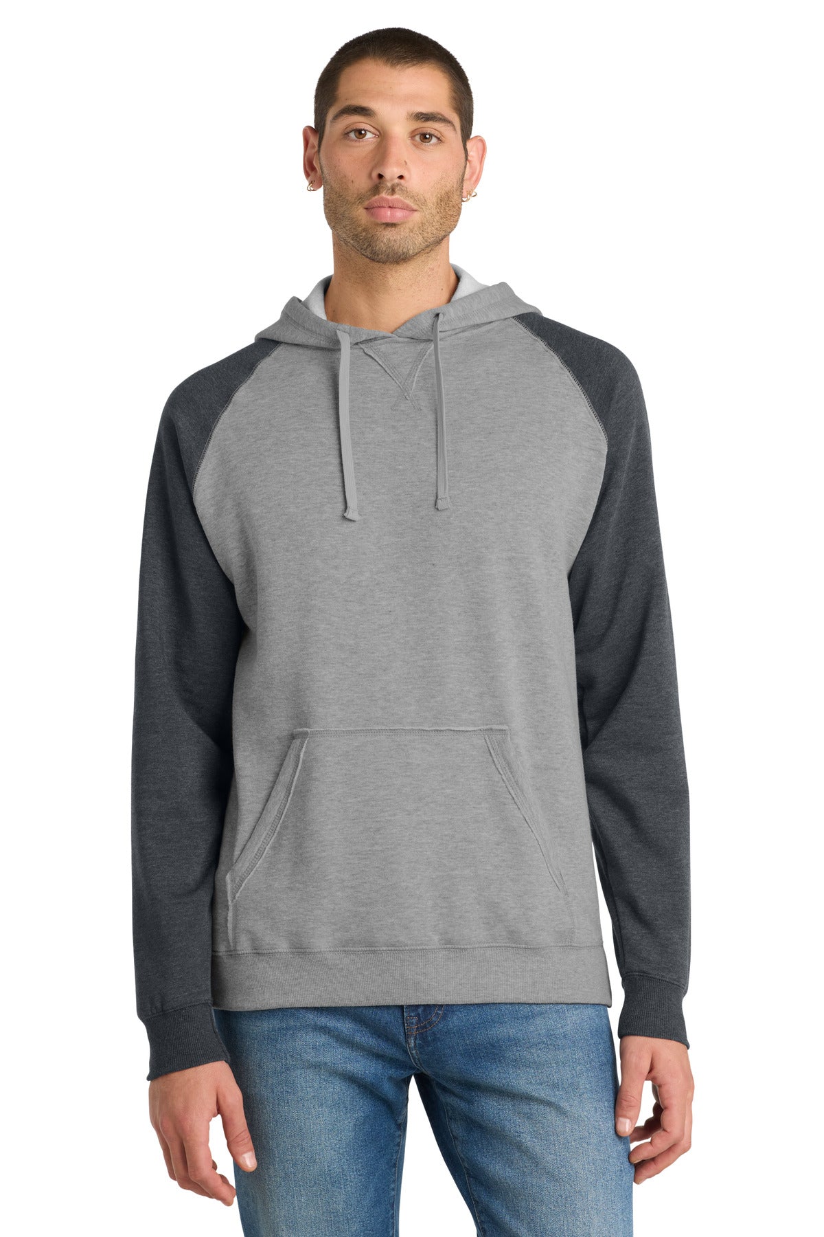 District Young Mens Lightweight Fleece Raglan Hoodie.  DT196