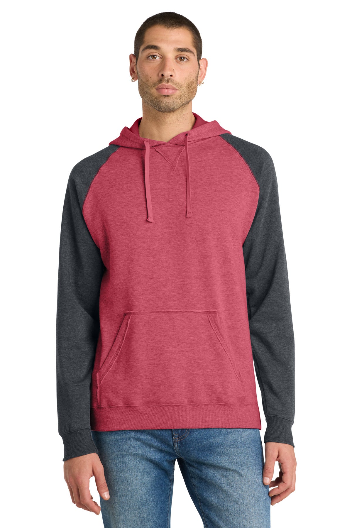 District Young Mens Lightweight Fleece Raglan Hoodie.  DT196