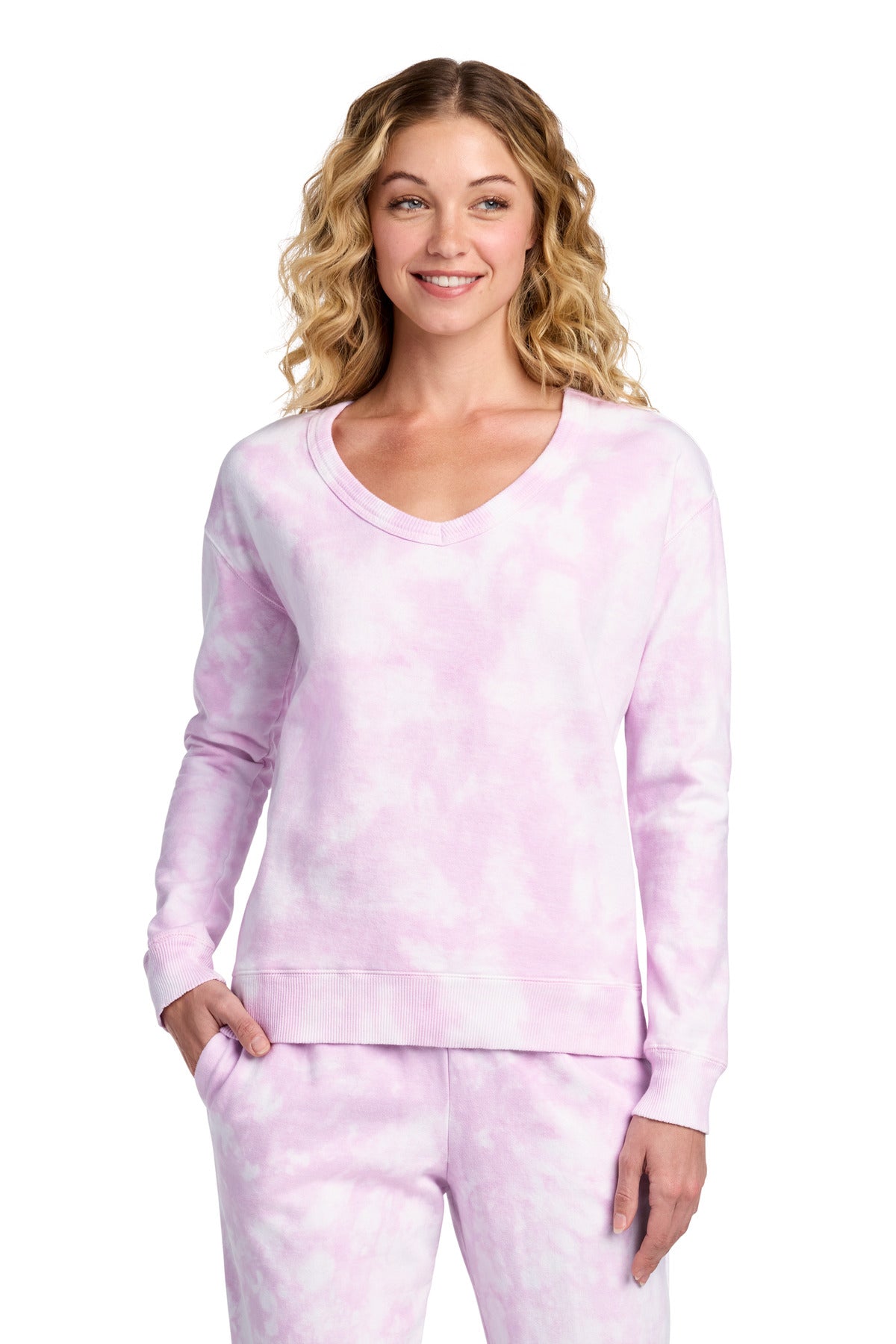 Port & Co Women's Beach Wash Cloud Tie-Dye V-Neck Sweatshirt LPC140V