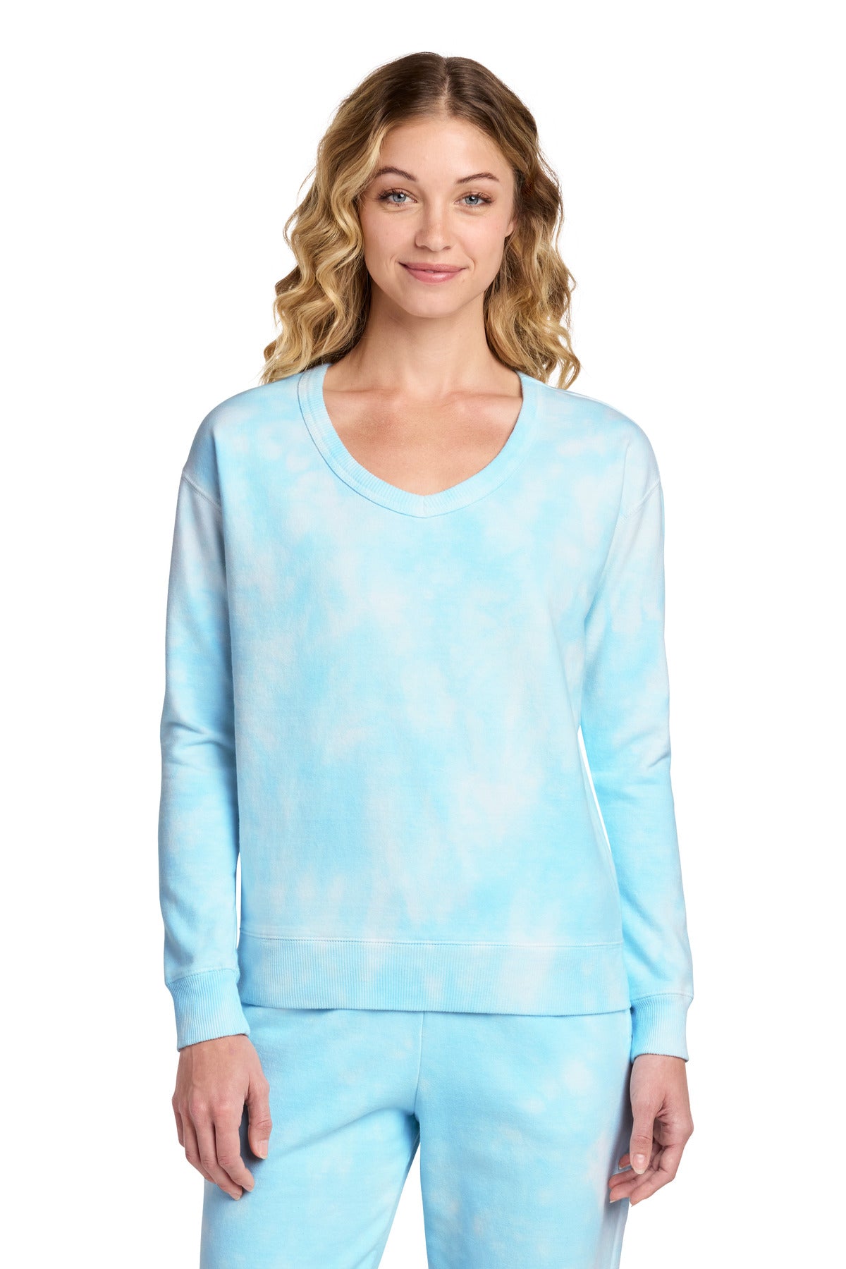 Port & Co Women's Beach Wash Cloud Tie-Dye V-Neck Sweatshirt LPC140V