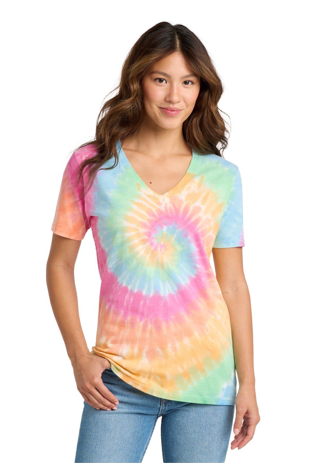 Port & Co Women's Tie-Dye V-Neck Tee.  LPC147V
