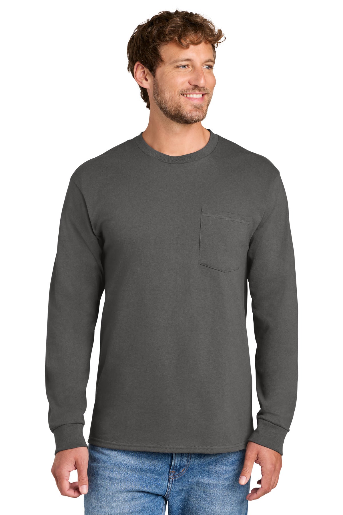 Port & Co Long Sleeve Essential Pocket Tee.  PC61LSP